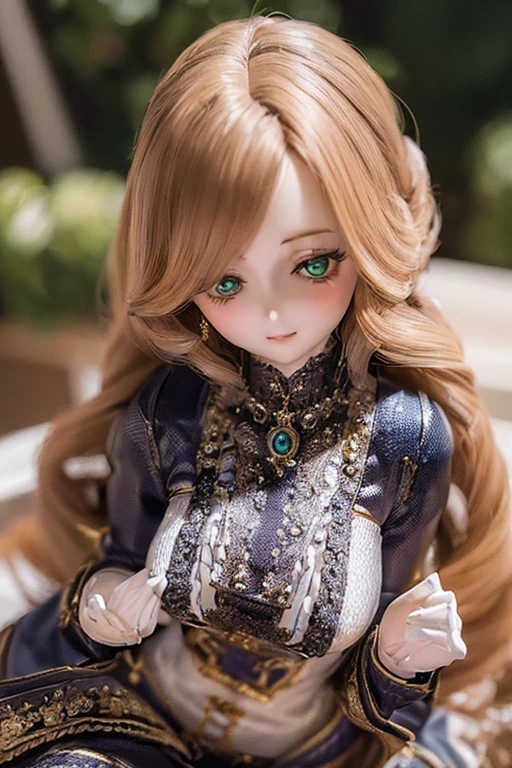 ((highest quality)), ((masterpiece)), (extremely detailed), kukolnydom, doll, (mature woman:2), solo, eye level shot, sitting on desk, green eyes, (looking down, blank eyes:1.3), light smile, dress, castle, 8k