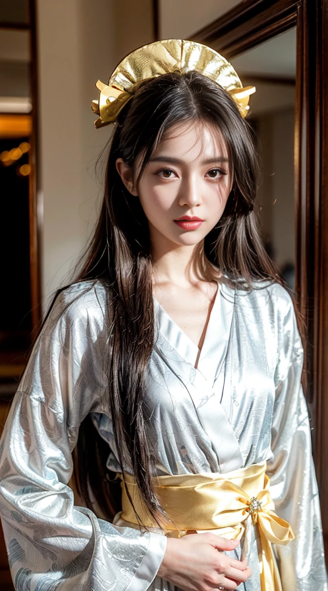 (Very fine eye), (((Fabric Shading))), (((Highest quality))), (((masterpiece))), (((Ultra-high-definition CG))), (((magical girl))), (small), (Small breasts), Amaterasu Omikami White Oval Long straight hair Black Slim White kimono and gold obi Mirror