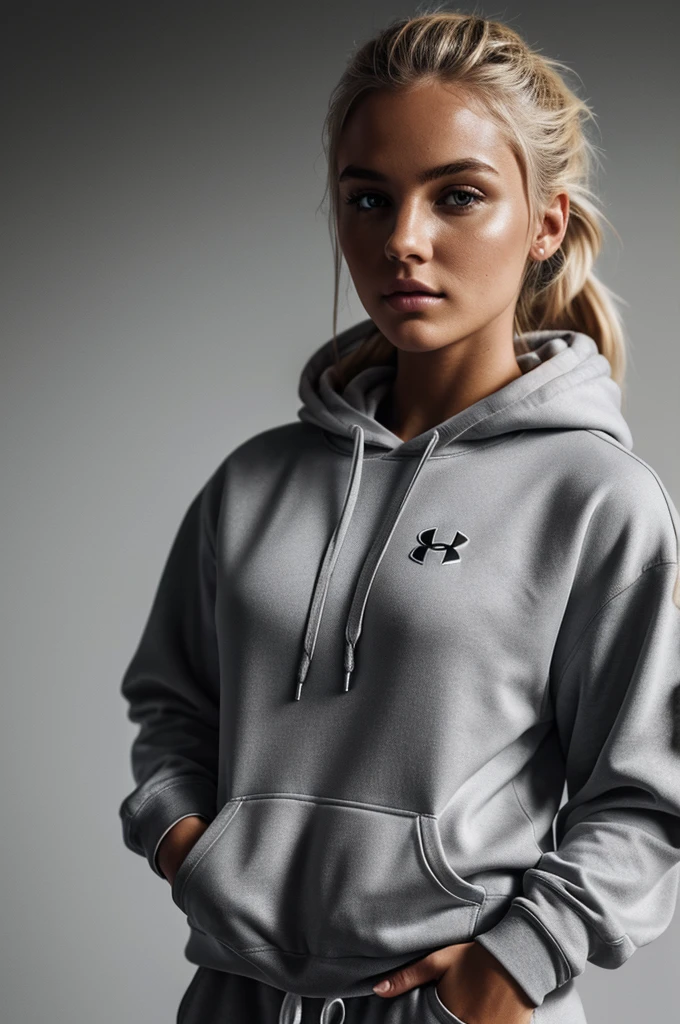 photorealistic, best quality, hyper detailed, beautiful woman with natural dirty blonde hair, photo, full body, solo, wearing a black under armour hoodie and white sweatpants,(comfortable), skin texture, film grain, close up, ultra high res, best shadow, RAW, instagram LUT