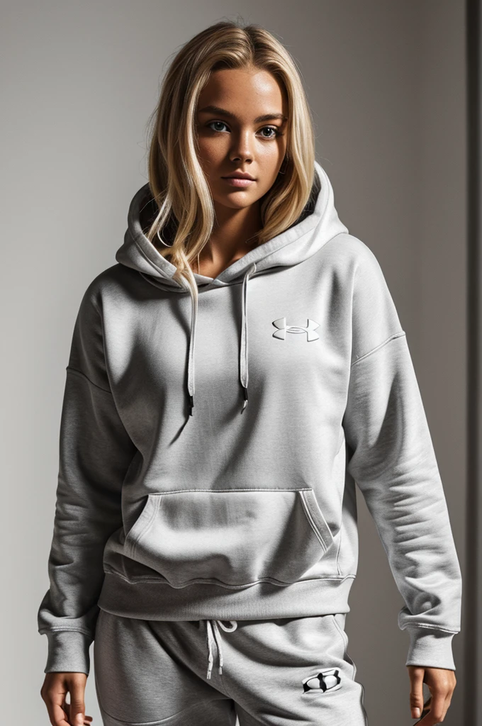 photorealistic, best quality, hyper detailed, beautiful woman with natural dirty blonde hair, photo, full body, solo, wearing a black under armour hoodie and white sweatpants,(comfortable), skin texture, film grain, close up, ultra high res, best shadow, RAW, instagram LUT