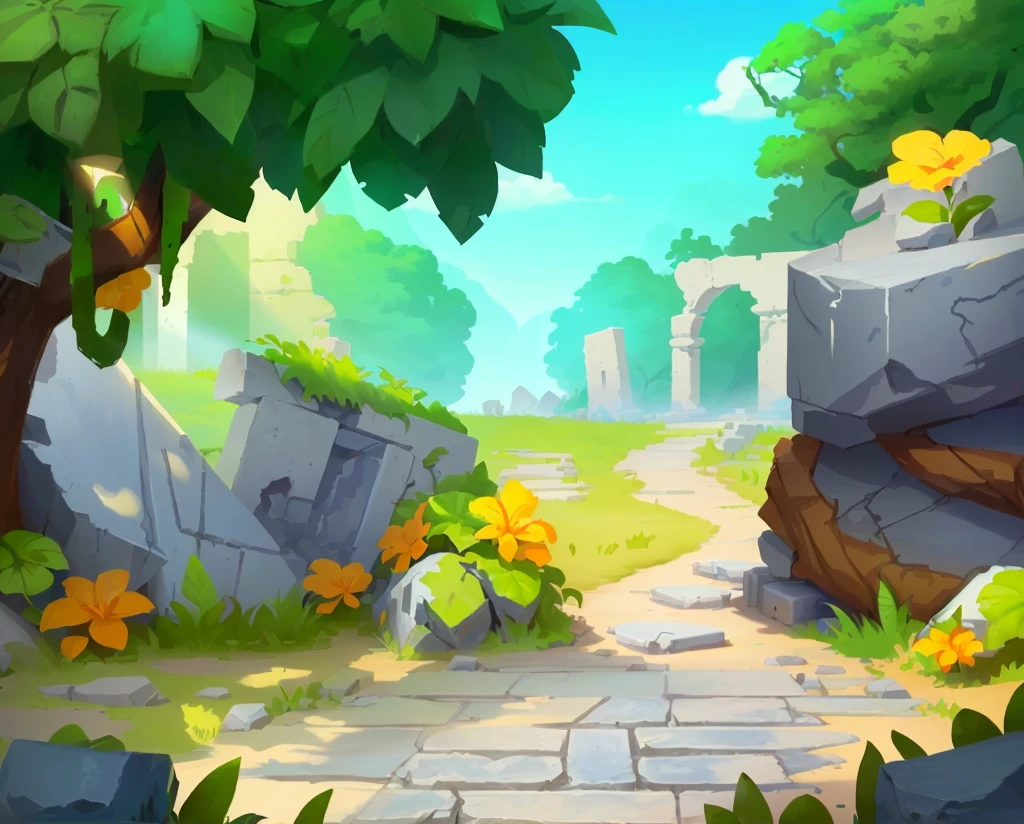 cartoon illustration of a path in a jungle with a stone path, mobile game background, ancient ruins background, city ruins background, mobile game art, odin's stone arena background, background art, jungle background with ruins, background artwork, 2 d game art background, background is the ruins, game illustration, stylized game art, game background, detailed game art