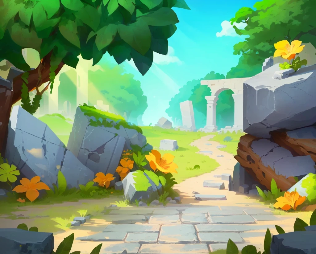 cartoon illustration of a path in a jungle with a stone path, mobile game background, ancient ruins background, city ruins background, mobile game art, odin's stone arena background, background art, jungle background with ruins, background artwork, 2 d game art background, background is the ruins, game illustration, stylized game art, game background, detailed game art