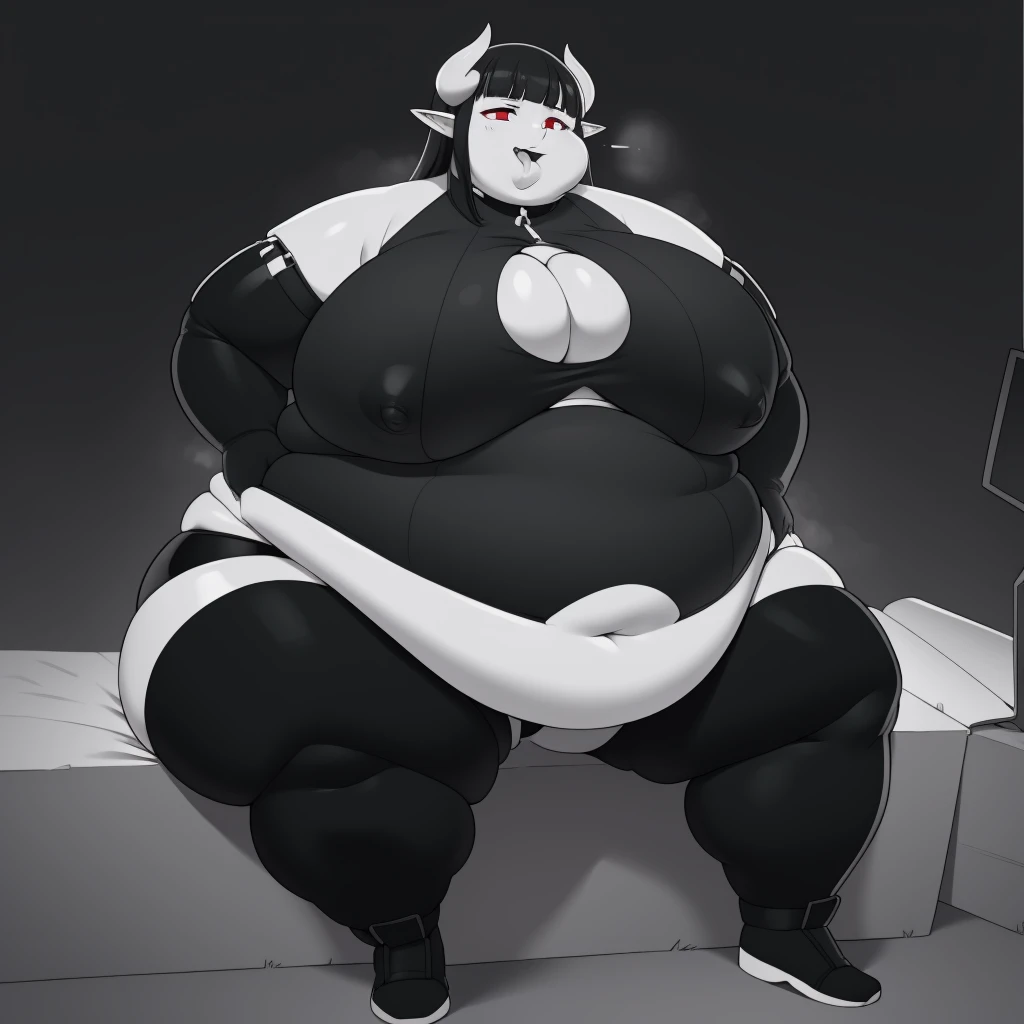 (Immobile:1.1)Sitting on ground, Hands on hips, chest out(Full body:1.1), (obese:1.1), Open mouth, parted lips, Black tongue, long snake tounge, Tongue, sticking tongue out , NSFW, exposed nipples, dark nipples, evil eyes, Black hair, dark skin, glowing red eyes, Red eyes, 1girl, solo, horns, monochrome, greyscale, giant breasts, abnormally huge breasts, humongous breasts,phalia,underwear, elbow gloves, thighhighs, huge breasts Round face, double chin, fat chin, fat cheeks, fat neck, round face, SSBBW, flabby arms, round face, double chin, fat double chin, big double chin, fat neck, chubby cheeks, fat thighs, fat calves, morbidly obese, flabby , giant , large belly, obese, fat face, belly, double chin, obesity, flabby breasts, fat arms and legs, fat everything,