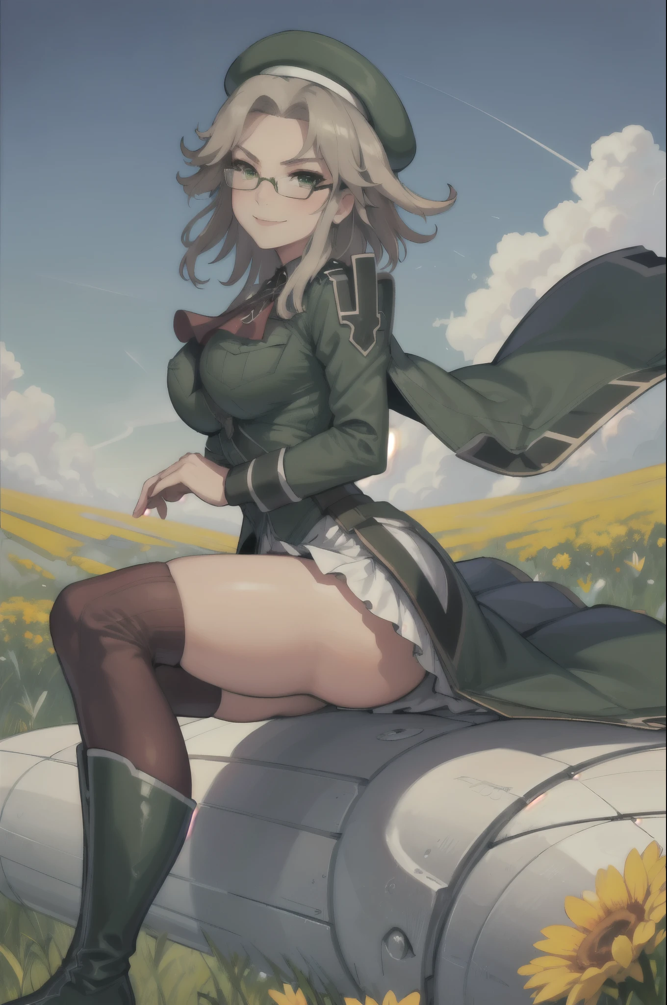 masterpiece, best quality, imu, glasses, beret, red ascot, military uniform, large breasts, white skirt, red thighhighs, green boots, sitting, from side, looking up, smile, sky, clouds 