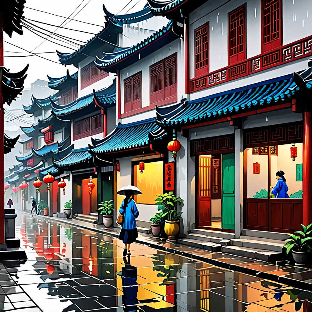 Cai GuoRUN's illustration style, Qingming Street corner on a rainy day, A landscape that looks like an illustration from a picture book, Rich in emotion, a girl is walking, Vivid tones, Chinese traditional elements, Reality, Minimal composition, High Saturation, High contrast,Rich detail in light and shadow, Sharp contrasts and clean lines