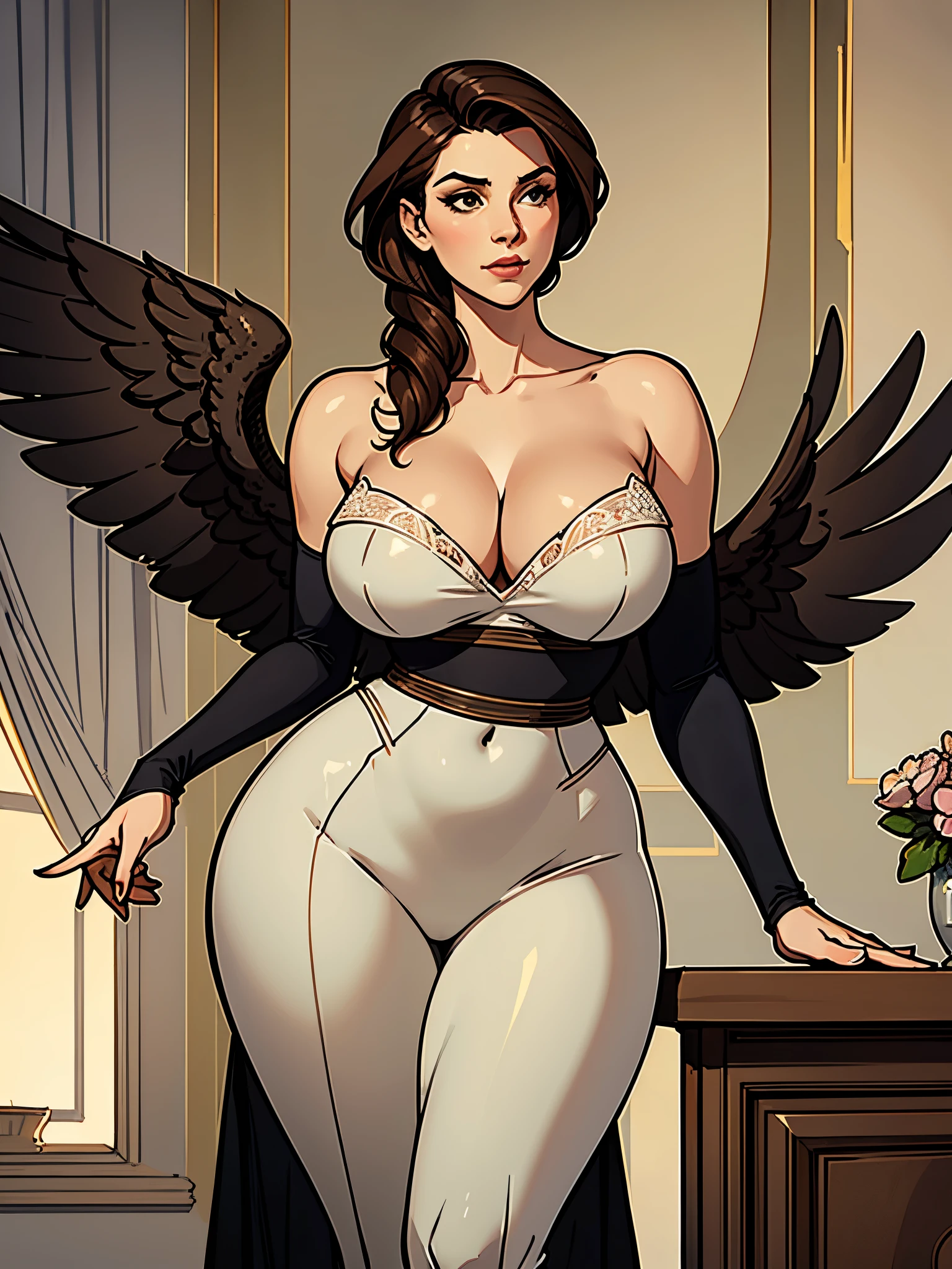 A beautiful woman with large elegant, hawk-like-nose, who embodies old fashioned class, sophistication, elgance as well as wholesome, natural beauty. curvy, thin-waist, wide-hips, swaying-hips. In the combined styles of painters Greg Rutkowski, Thomas Kinkade