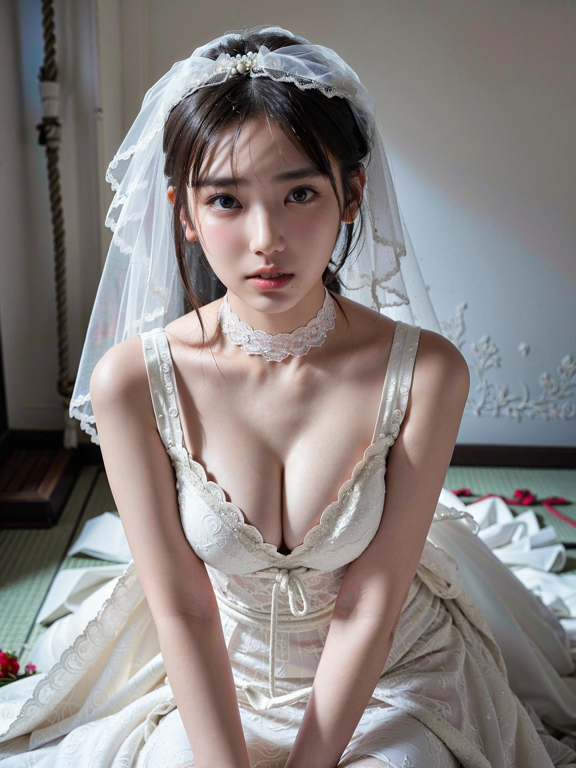 (41k4:0.75), (aika-sawaguchi:0.4), masterpiece, Best Quality, 8K, Raw photo, (wearing wedding dress:1.5), (kneeling in front of viewer:1.2), top-notch quality, masterpiece, (exceptionally detailed RAW color photo, professional-grade photograph, (rope bondage:1.2), (wearing white lace choker:1.2), (tied up with rope), (Realistic, Photorealistic:1.37), (highly detailed skin:1.2), Ultra-high resolution, (lens 50mm), (masterpiece, top-quality:1.3), (hyper realistic:1.35), (Photorealistic:1.45), (Realistic:1.4), (facing viewer:1.5), (looking at viewer:1.4), solo, (1 pretty Japanese girl), 21 years old, Japanese idol, supermodel, pale skin, (slim:1.3), (slim body:1.25), (slender body:1.25), (narrow waist:1.25), pretty face, (large breasts:1.15), (deep cleavage:1.2), gravure idol