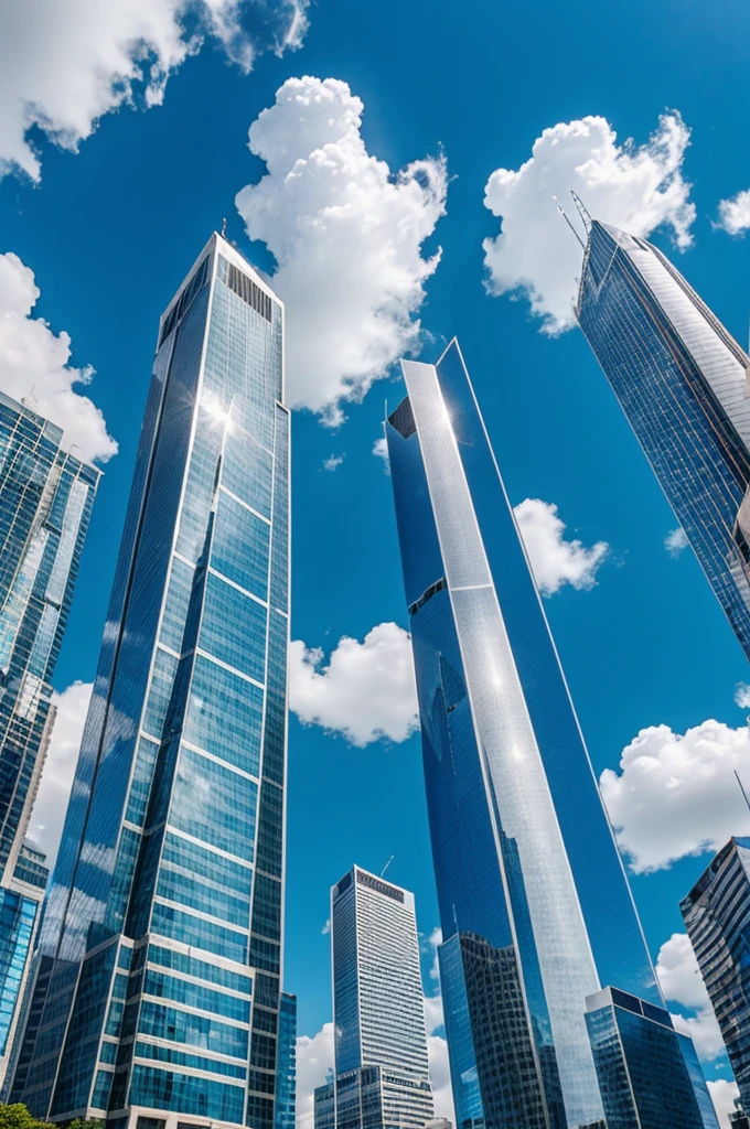 Tall glass buildings with blue sky and white clouds