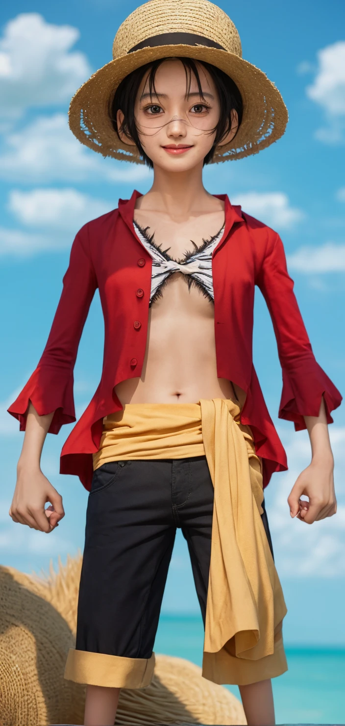 Realistic, highres, Monkey d. Luffy from one piece, A 19-year-old young man with short black hair, wearing a straw hat with a red ribbon. He is dressed in an open red jacket without buttons, revealing his muscular chest with a large X-shaped scar. Luffy is also wearing blue shorts and sandals. His hands are wrapped in bandages, and he is often seen with a wide smile and a confident posture. The background is a tropical island or ocean, reflecting his adventures as a pirate, realistic, cinematic, 4k