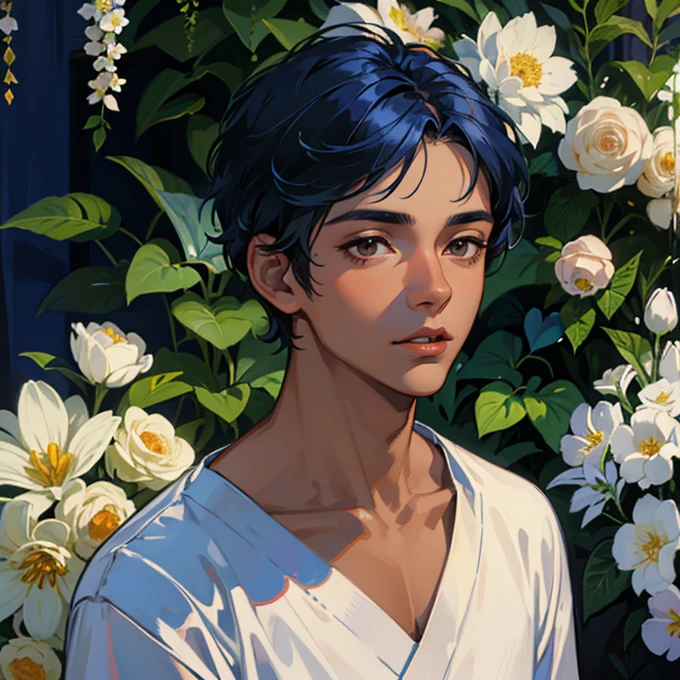 A 21-year-old boy with dark skin, prominent lips, short blue hair, and royal brown eyes. , with flowers