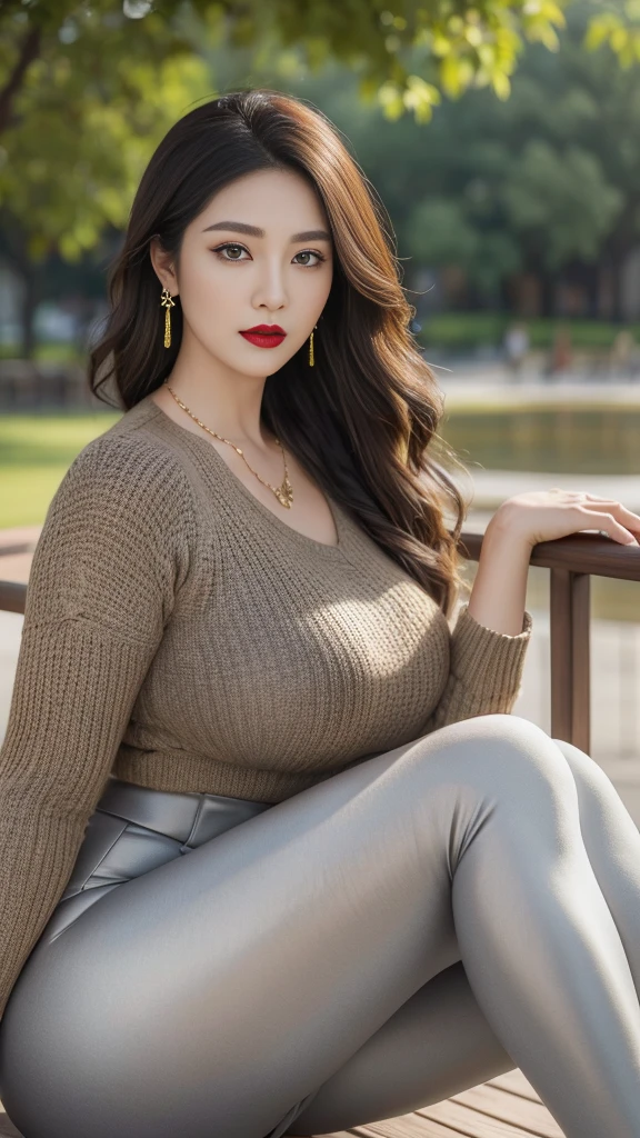 Chinese mature woman, park background, light brown clothes (no cleavage), thighs, makeup, (lipstick: 1.1), (eyeliner: 1.2), mascara, eye shadow, outdoor sports, earrings, necklace, gray leggings, wrinkles at the corners of the eyes, mouth lines, high-necked knitted top, full-body photo, 35 years old, big eyes, elegant temperament, (masterpiece: 1.2, best quality), actual, (real situation, 45 years old, intricate details, depth of field, high-necked clothes), careful, very detailed content, this is a perfect face, perfect figure, big model, mature woman, 8K, best quality, masterpiece, ultra-high resolution, (realistic: 1.4), original photo, stay focused, rich details, dramatic, exquisite beauty, long curly hair, dynamic angle, (red lips), exquisite graphics, high heels