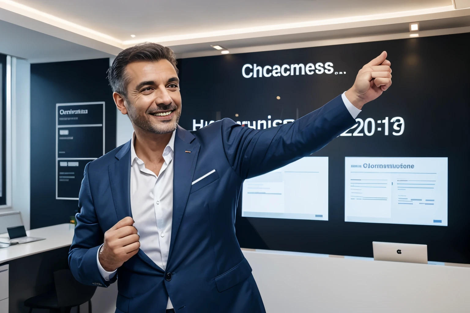 an italian businessman cheering his business goeals achivements, office background, numbers, ultra high quality, 4k, cinamatic, professional photo