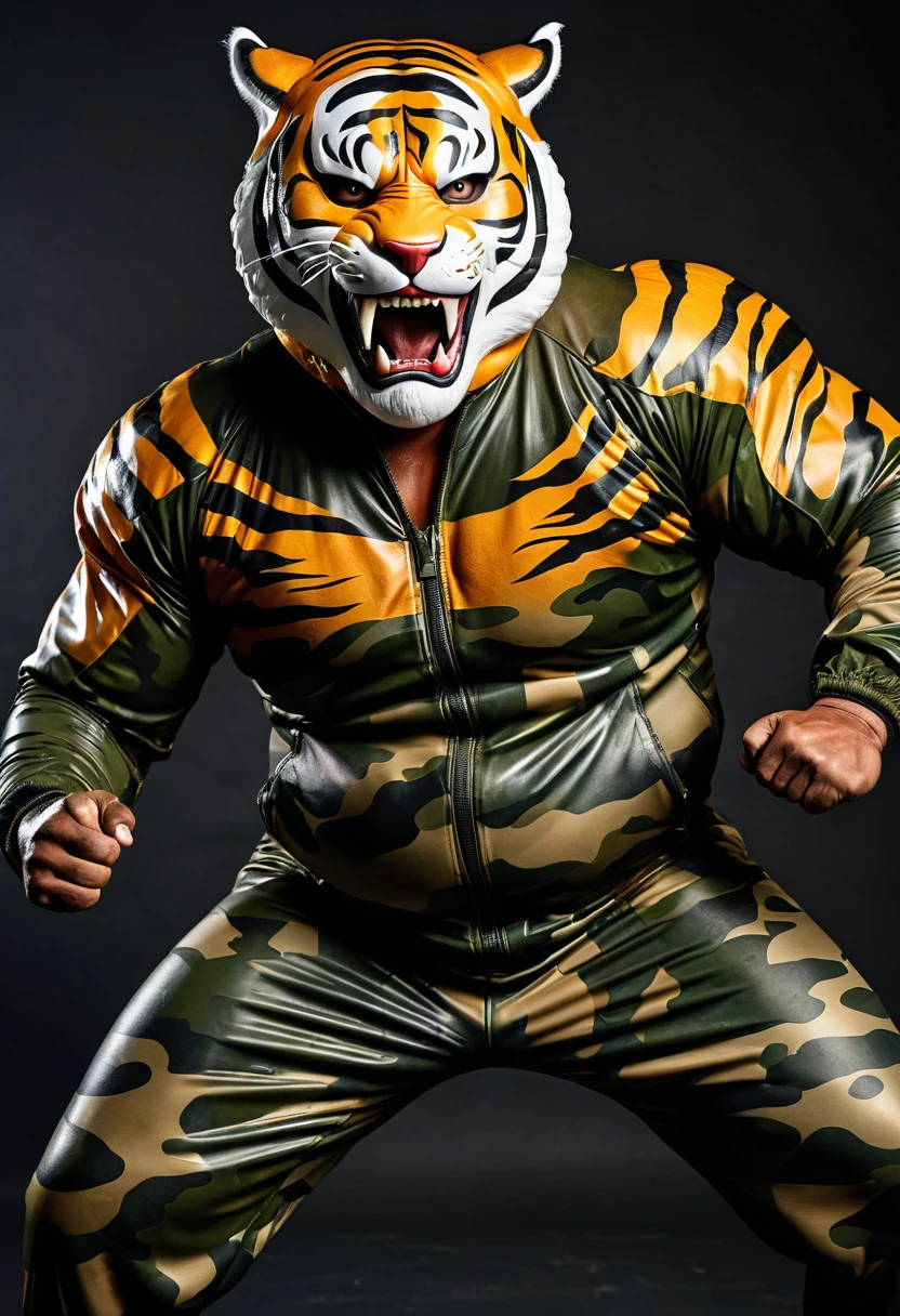 (a dark-skinned muscular fat old man in a bulky camouflage zipper diver suit) carrying a rifle and (wearing proportionate realistic roaring tiger mask that show the wearer eyes), muscular, Bruce Onobrakpeya, sumatraism, stanley artgermm, muscular physique, imposing stature, action, heroic, fierce, snarling, best quality