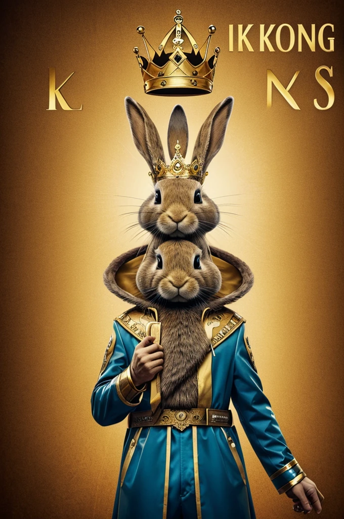 A futuristic rabbit man with a crown and a golden lettering sign with the word KING RABBIT