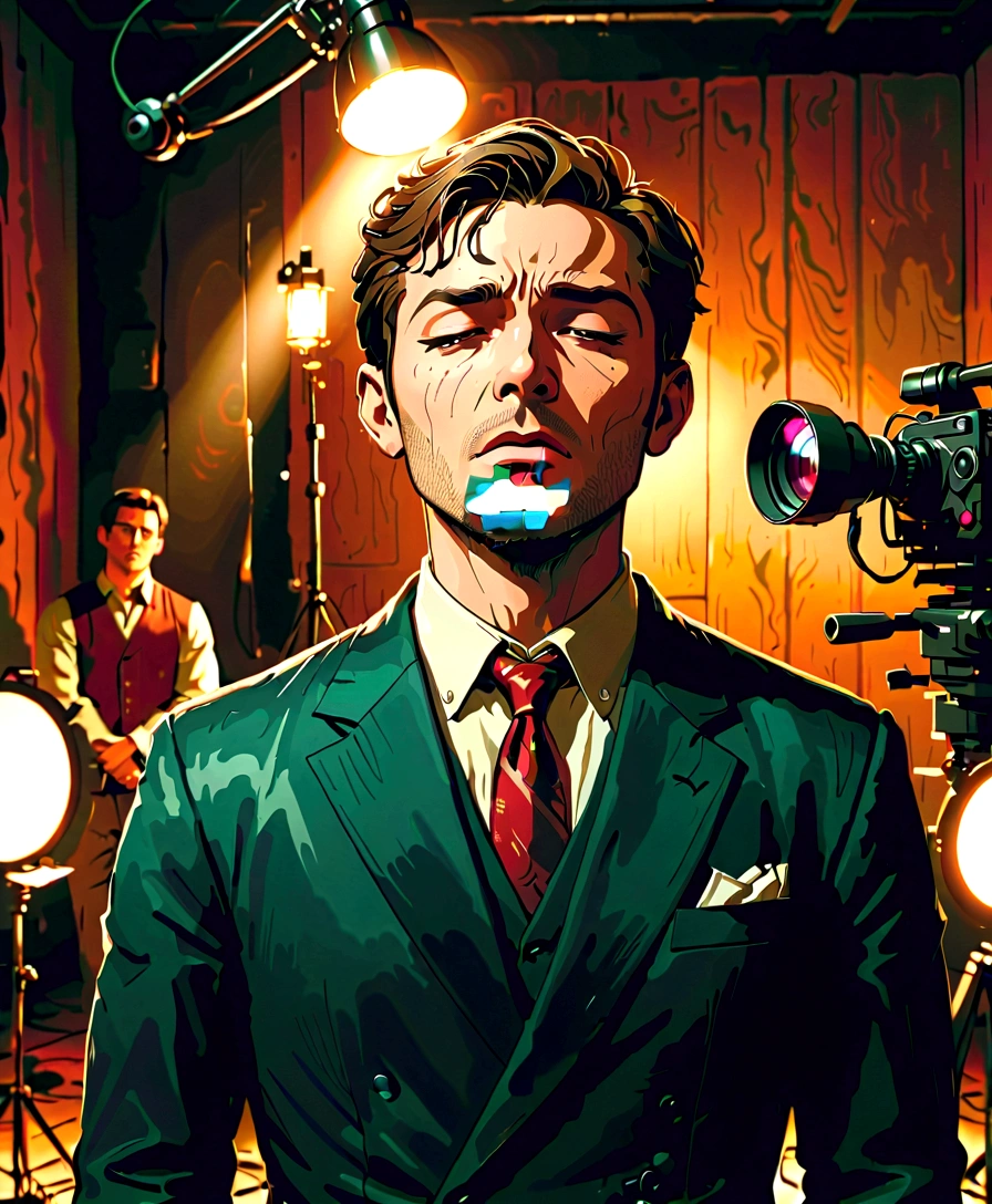 A dimly lit shooting studio. Cameras and lighting equipment are set up, and the staff is hurriedly moving about. In the center, a man closes his eyes with an expression that cannot hide his shame, as if he is ready to go.