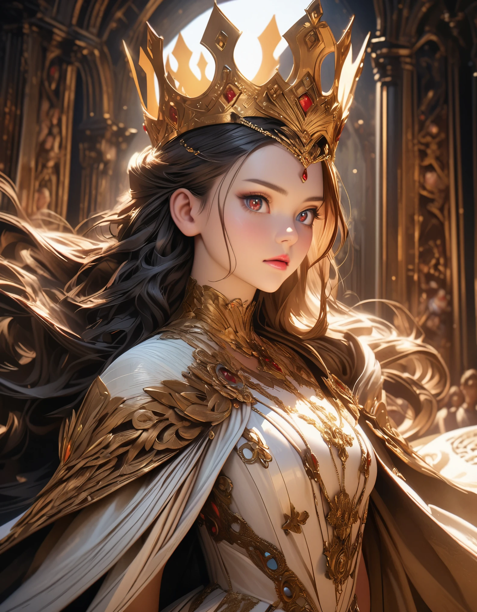 ((a beautiful young queen)), detailed face, large expressive eyes, elegant makeup, long flowing hair, crown on her head, ornate royal dress, regal pose, dramatic lighting, cinematic, fantasy, intricate details, highly detailed, 8k, photorealistic, oil painting