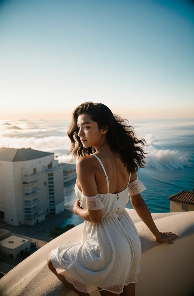 abstract colors, texture, film grain, skin pores, dusty atmospheric haze, vignetting, wrinkles:0.2 intricate hasselblad dslr RAW full-body dramatic portrait photo of a beautiful girl with long (windblown)1.2 hair wearing a sundress, sitting on a ledge overlooking a (scifi solarpunk)1.2 city skyline, dangling legs, foggy morning, (backlit)1.2, (film grain)1.2, coastal atolls
