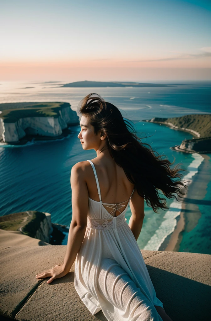 abstract colors, texture, film grain, skin pores, dusty atmospheric haze, vignetting, wrinkles:0.2 intricate hasselblad dslr RAW full-body dramatic portrait photo of a beautiful girl with long (windblown)1.2 hair wearing a sundress, sitting on a ledge overlooking a (scifi solarpunk)1.2 city skyline, dangling legs, foggy morning, (backlit)1.2, (film grain)1.2, coastal atolls