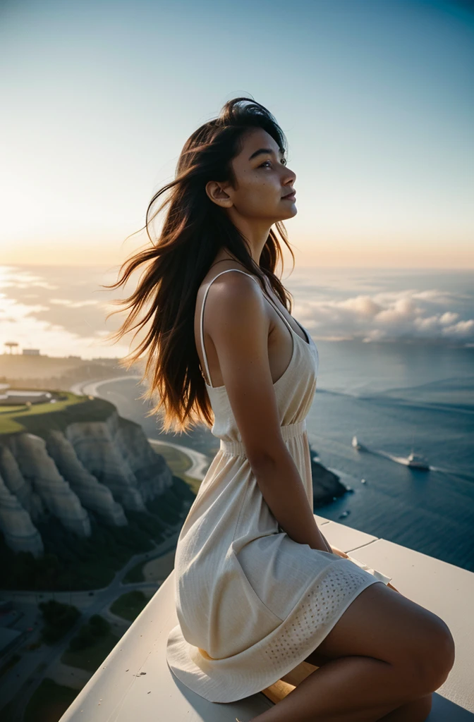 [nudity, explicit] nsfw, abstract colors, texture, film grain, skin pores, dusty atmospheric haze, vignetting, wrinkles:0.2 intricate hasselblad dslr RAW full-body dramatic portrait photo of a beautiful girl with long (windblown)1.2 hair wearing a sundress, sitting on a ledge overlooking a (scifi solarpunk)1.2 city skyline, dangling legs, foggy morning, (backlit)1.2, (film grain)1.2, coastal atolls