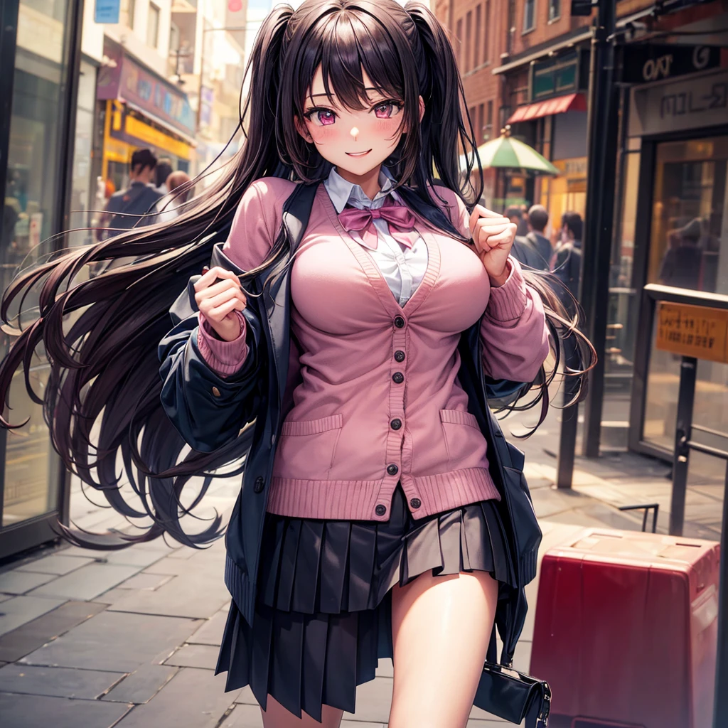 best quality,,smile,cardigan,They are hugging each other,Evolution Fashion,future fashion,blazer,ribbon on uniform,mini skirt,high school girl,multiple girls are depicted,harem,idol group,photo shoot,long hair,wearing a cardigan,highest quality,big breasts,happy girl,horny girl,pink eyes,perfect face,standing position,I have my hands in my pockets,letting down one's Bangs,beautiful eyes,gym,girls hugging each other,smooth hair,multicolored hair colors,naughty girl,beautiful girl,beautiful girl,loose socks