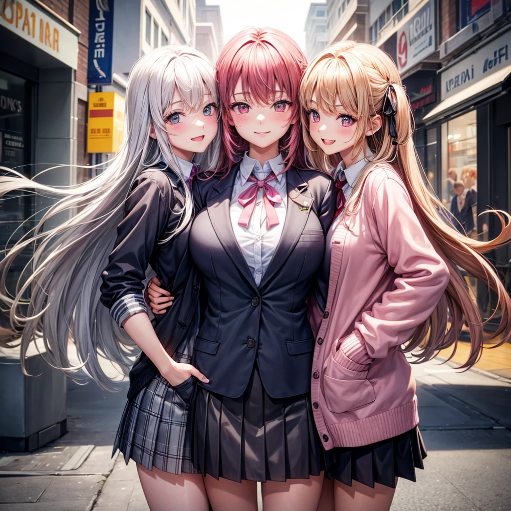 best quality，，smile，cardigan，They are hugging each other,Evolution Fashion，future fashion，blazer，ribbon on uniform，mini skirt，high school girl，multiple girls are depicted，harem，idol group，photo shoot，long hair，wearing a cardigan，highest quality，big breasts，happy girl,horny girl，pink eyes，perfect face，standing position，I have my hands in my pockets，letting down one&#39;s Bangs，beautiful eyes,gym,girls hugging each other,smooth hair，multicolored hair colors，naughty girl，beautiful girl，beautiful girl，loose socks