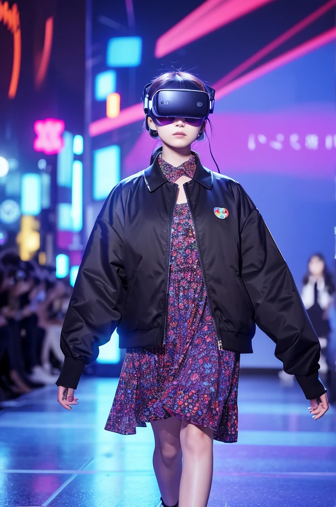Avatars and Digital Identity: Clothing designed for virtual reality avatars。Dress to Reflect Your Digital Identity、Design that expresses individuality in cyberspace。Changing colors and patterns、Features virtual decorations。The background is the gorgeous runway of Paris Fashion Week。