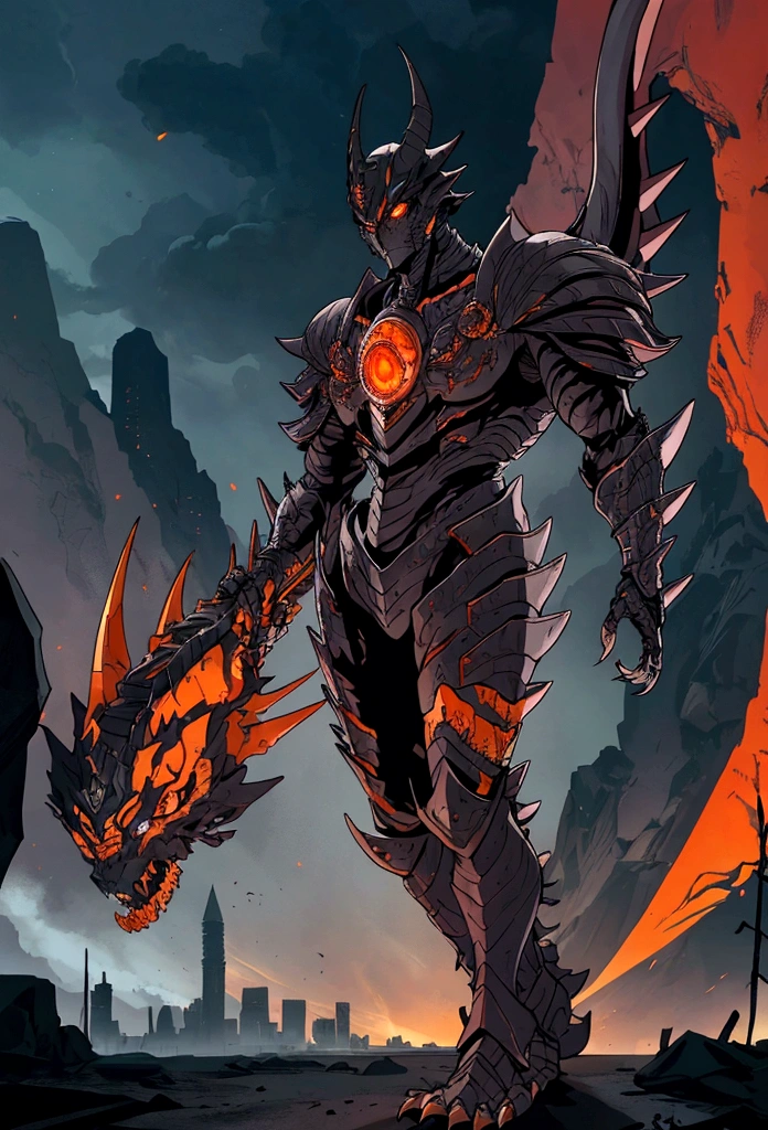 Original Kaiju armor form of a human, sharp, obsidian-like plates that overlap like armor, Elongated and somewhat reptilian head, with a pronounced crest of jagged obsidian spikes running from the forehead to the back of the neck. Four glowing, amber eyes are set deep in the skulls, arms with massive claws and blades, feet have three large, taloned toes, A long, whip-like tail ending in a mace-like cluster of obsidian spike, orange lines and aura in between armor. HD. city background destroyed