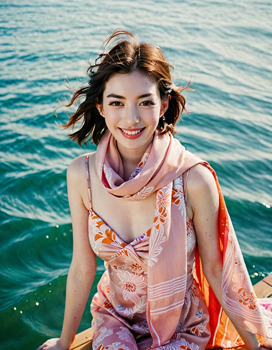 bird’s eye view fashion photoshoot of a cute smiling beautiful face young japanese woman,age 21 years old,((Anne Hathaway mixed face:0.9)), a woman wearing a pink dress and scarf, in the style of Mediterranean-inspired, tabloid photography, effortlessly chic, pictorial fabrics, light orange and red, calm waters, densely patterned imagery, insanely detailed, film grain, Hasselblad X2D 100C + XCD 2,5/25V, F/1.8, (cinematic still:1.2), 35mm photograph, film,professional, 4k, highly detailed, perfect fingers ,Extremely Realistic, UHD,