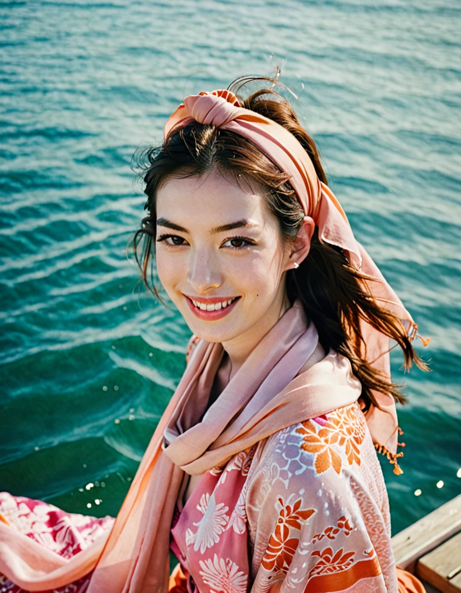 bird’s eye view fashion photoshoot of a cute smiling beautiful face young japanese woman,age 21 years old,((Anne Hathaway mixed face:0.9)), a woman wearing a pink dress and scarf, in the style of Mediterranean-inspired, tabloid photography, effortlessly chic, pictorial fabrics, light orange and red, calm waters, densely patterned imagery, insanely detailed, film grain, Hasselblad X2D 100C + XCD 2,5/25V, F/1.8, (cinematic still:1.2), 35mm photograph, film,professional, 4k, highly detailed, perfect fingers ,Extremely Realistic, UHD,