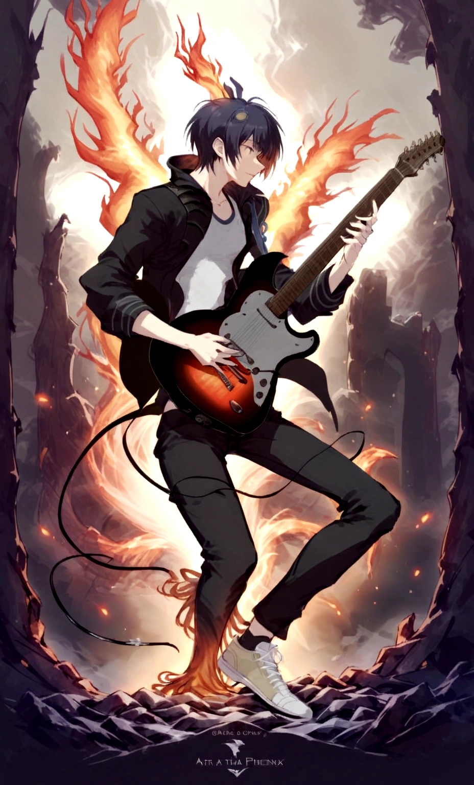 make a cover of a song, based on a human boy playing the guitar, and that in the background you can see the phoenix giving you energy and that the energy it gives you comes out, 