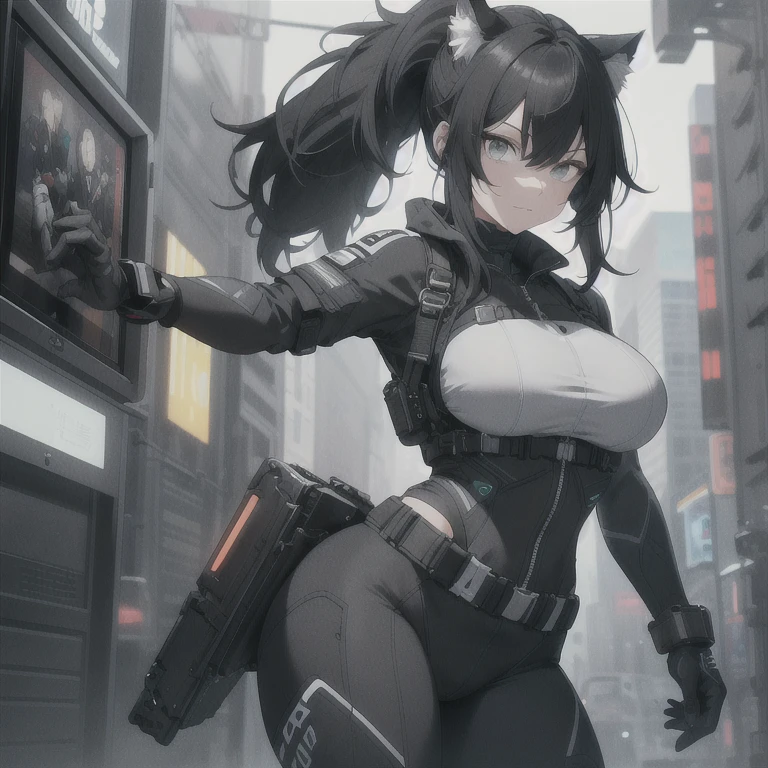 Absurd resolution, high resolution, (masterpiece: 1.4), hyper-detail, full body shot, solo, 1 kemono feline cat woman, black hair, messy ponytail, cute face, detailed soft grey eyes, extremely large bust, huge hyper super breasts, wide full hips, narrower torso, smaller torso, full thicc soft thighs, rounded full soft butt, monochrome black and grey fullbody covering protective padding pilot rugged utility suit with white chest, scifi padded rugged high collar techwear jacket with white and black triangular decals and techwear iconography, techwear gloves, arm mounted strapped display scifi tablet/communication device/computer, rugged tablet display mounted on MOLLE strap on top of her bust, tablet mounted above her breasts, ruggedized tech, ruggedized tech aesthetic, fitted utility pants, near future scifi, cyberpunk aesthetic, anime aesthetic