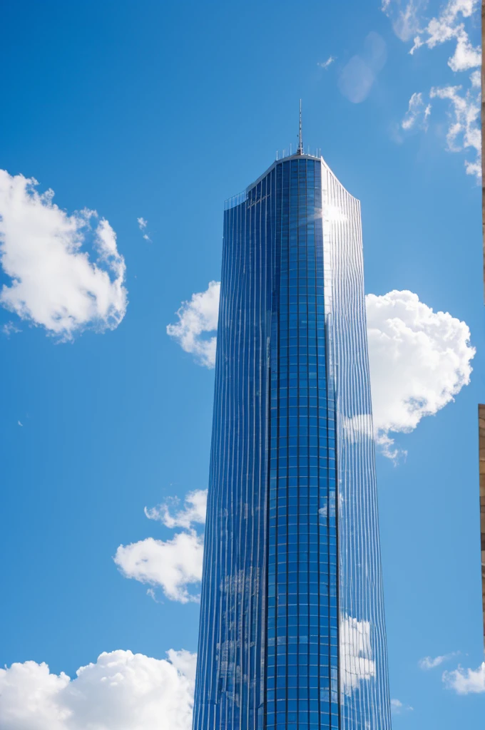 tall glass building, with blue sky and white clouds 