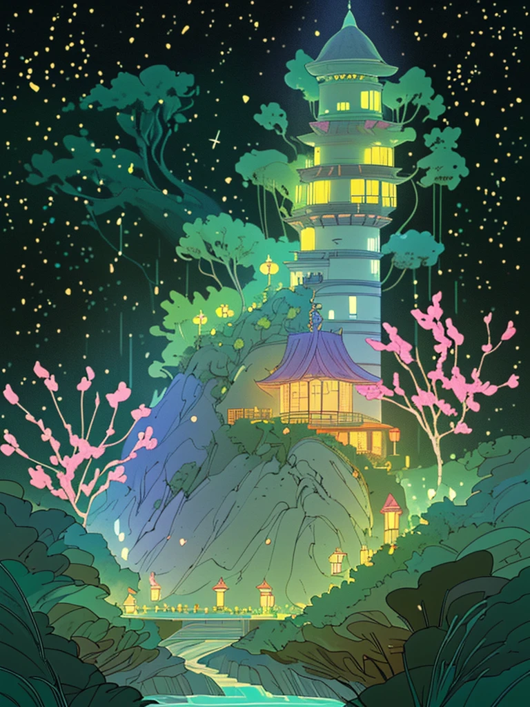 It's like a fairyland；A winding path，A Chinese town stretching to the seaside；Chinese style architecture；The most beautiful Chinese buildings，The building is light green，The walls and roof are like transparent aquamarine glass.，Bright lights shine through every room，Thousands of lights，Illuminate the entire picture；On the other side is the sparkling sea；Green plants，Flowers，exuberant；Exquisite game illustration style，There are colorful transparent wind chimes hanging on the trees，里面包裹着各种Flowers；The background is light green，Features scattered tiny petals，The stars sparkle，Captures the dreamy atmosphere of a fairytale world，Soft pastel shades，Light yellow-green color scheme，Miyazaki style。high resolution