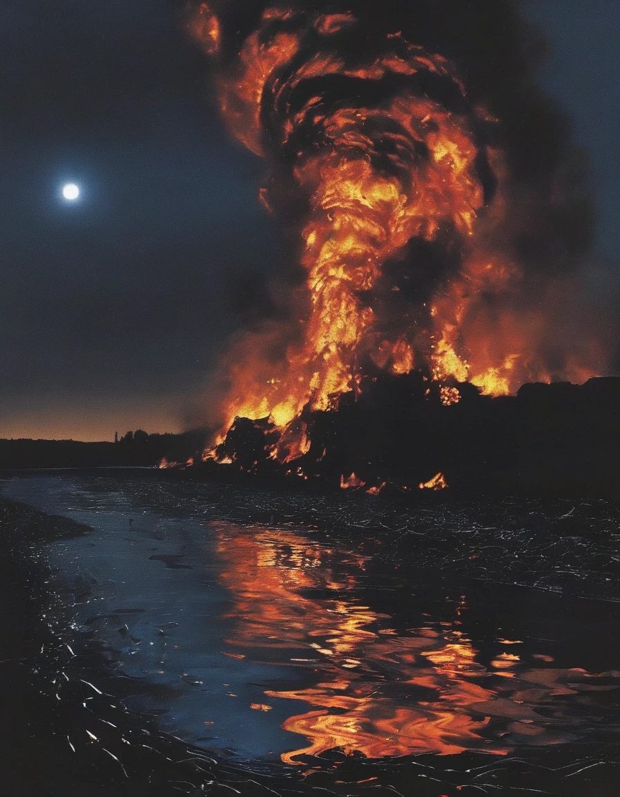 long view of fire on lake at night 