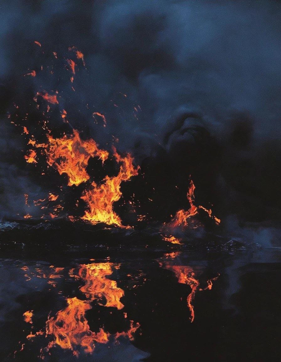 long view of fire on lake at night 