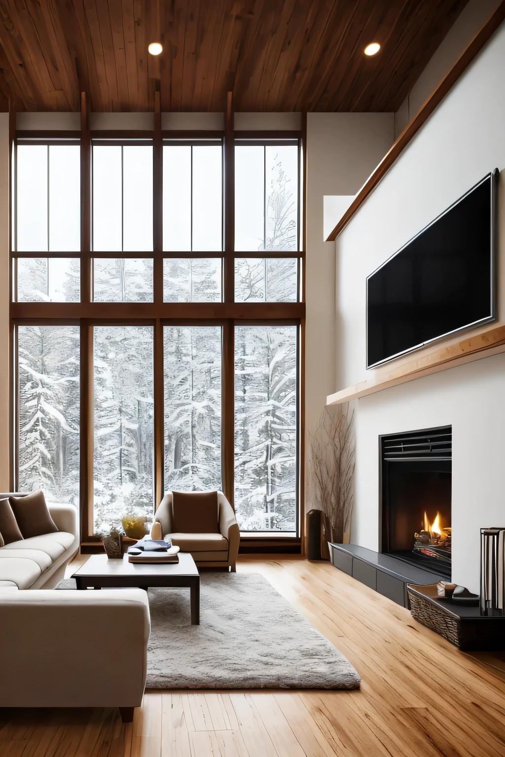 {Double height ceiling cozy living room, winter season, panoramic view, large windows with snow outside, modern furniture, warm fireplace, wooden floor, soft rugs, holiday decorations, detailed textures, photorealistic, 8k resolution, natural lighting, ultra-detailed, interior design photography, evening light}
