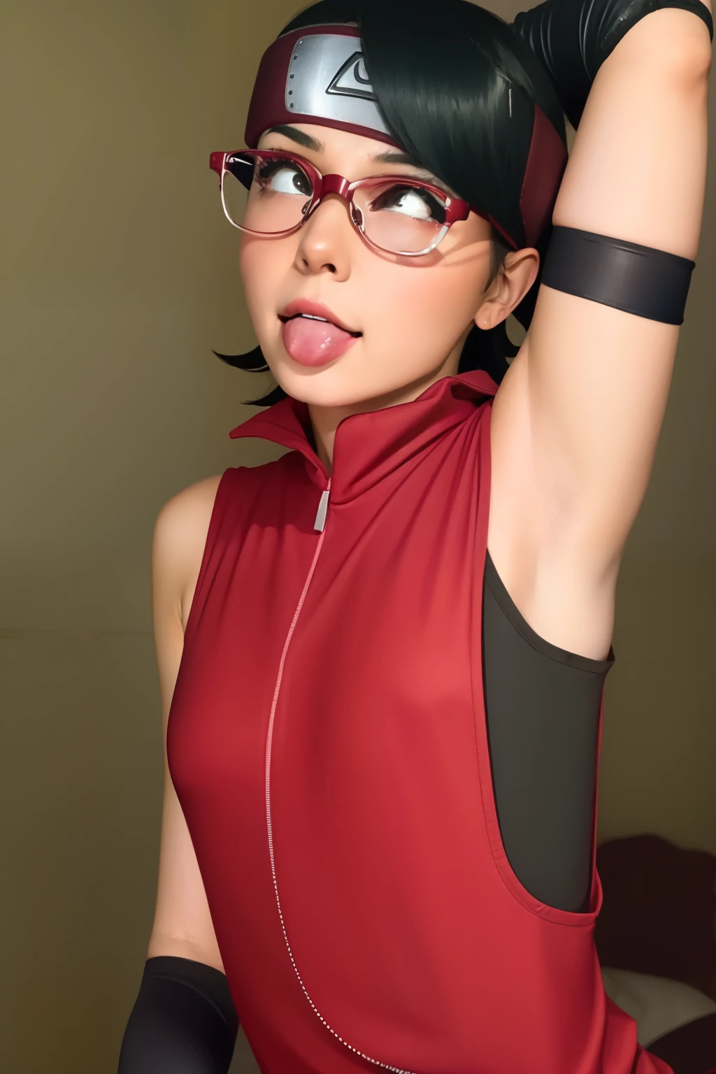 1 girl, standing, beautiful Sarada Uchiha, 18 years old, Cups, Black thighs, arm warmers, forehead protector, shorts, short hair, big chest, black eyes wearing glasses, small hips, big ass, capture anime screen, Sarada is 18 years old, mature appearance,armpits,sweat,sweaty,sweaty armpits,arms up,showing armpits,awesome armpits,outfit,blackish red arm warmers,maroon arm bands,matoon arm warmers