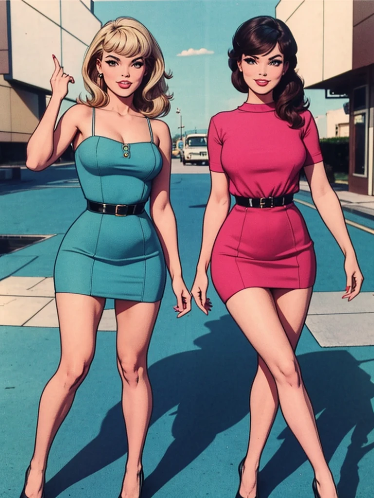 two fashionable young women posing for a picture, retro 60s girls fashion