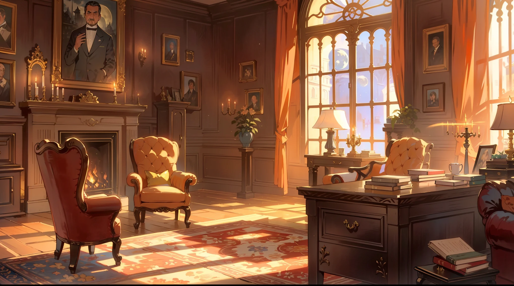 （best quality，masterpiece：1.2，detailed details，4k），Middle Ages, a gorgeous mafia boss's office,，Interior, victorian Manor with reliquies, (((Nigth))), (((moonligth enters the living room))) soft pale orange palette, soft secundary exterior ligth