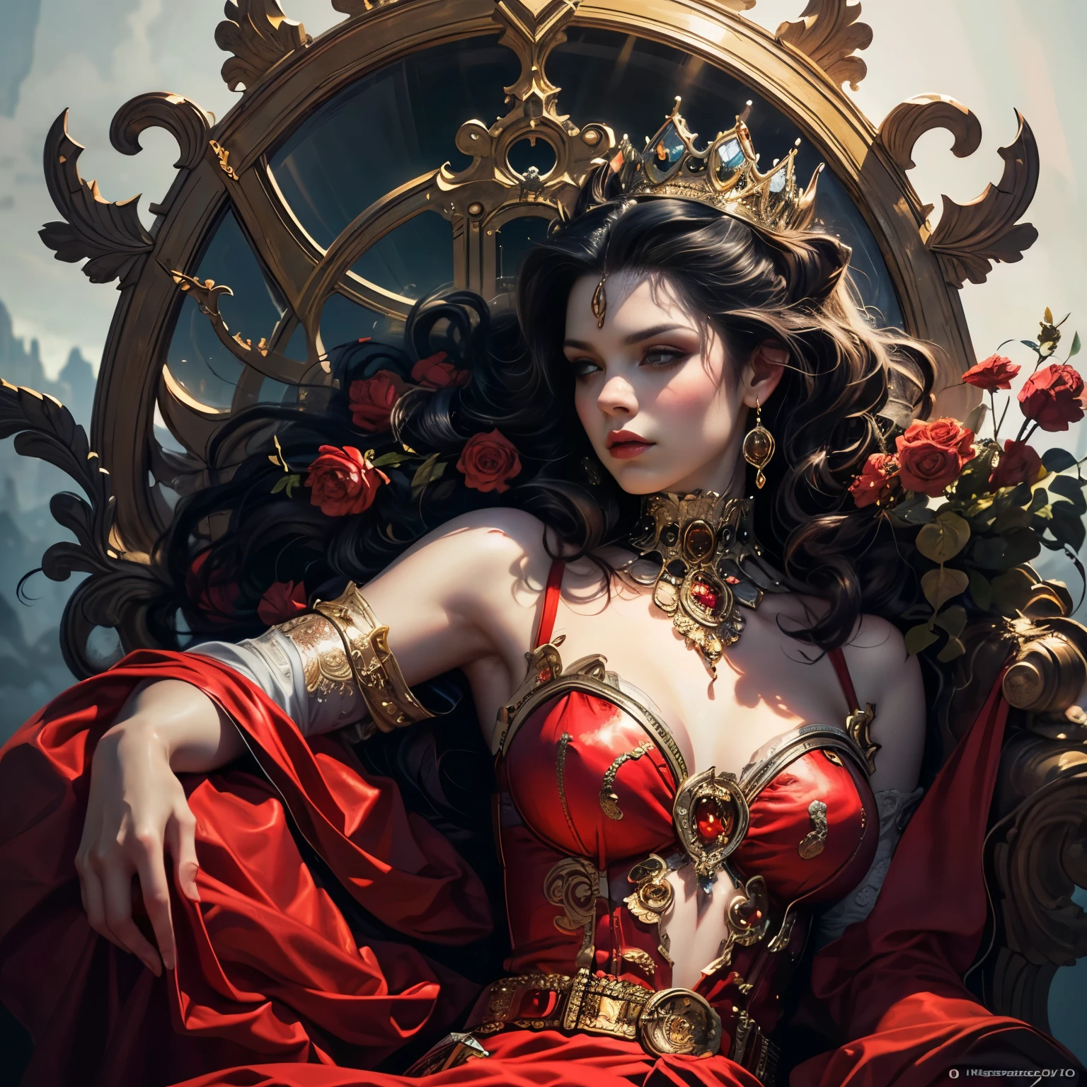 (full body portrait:1.1), a beautiful queen of hearts, elegant long red dress, flowing red cape, golden crown, striking red makeup, piercing gaze, regal posture, ornate throne, a background filled with pink and red roses:1.1, dramatic lighting, (best quality,4k,8k,highres,masterpiece:1.2),ultra-detailed,(realistic,photorealistic,photo-realistic:1.37),intricate details,cinematic composition,vibrant colors,chiaroscuro lighting,dramatic shadows,fantasy,digital art