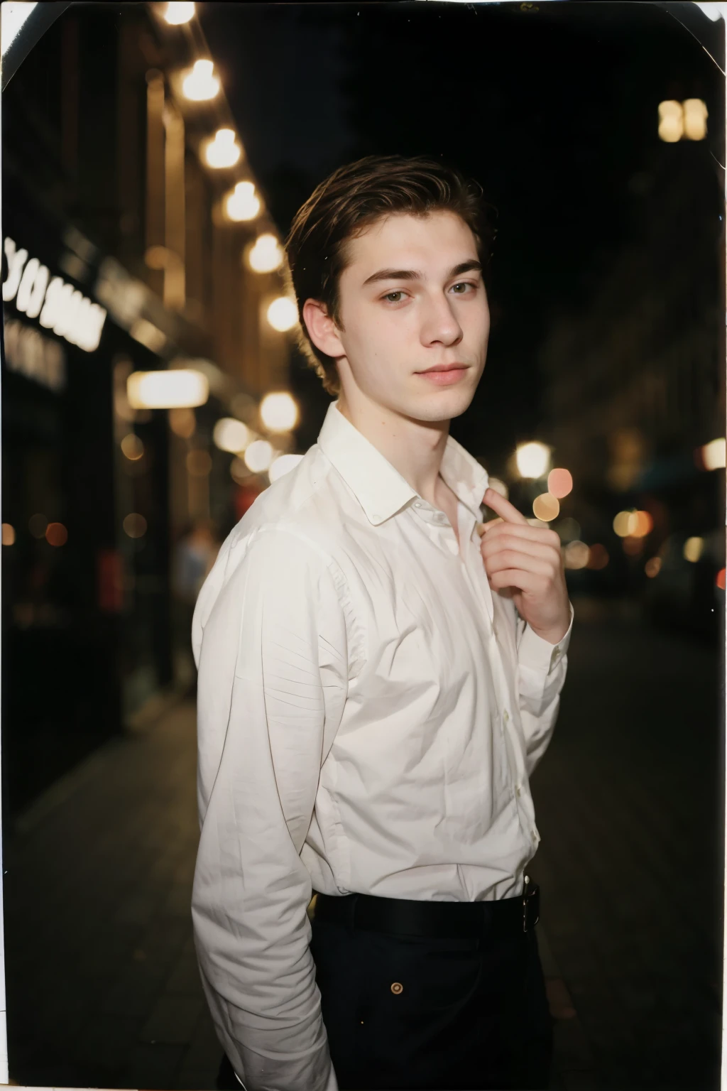 polaroid photo, night photo, 18 year old photo.oh beautiful man, pale skin, bokeh loose hands