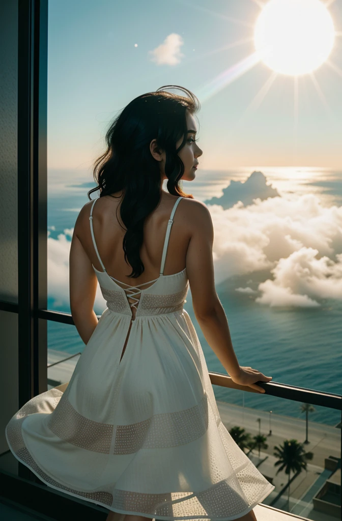1 girl, length hair, from the back, black hair, film, a woman on the balcony of her villa in the Caribbean. The hands are on the parapet. She wears a white blouse with floral pattern that covers her bottom, no pants, highheels