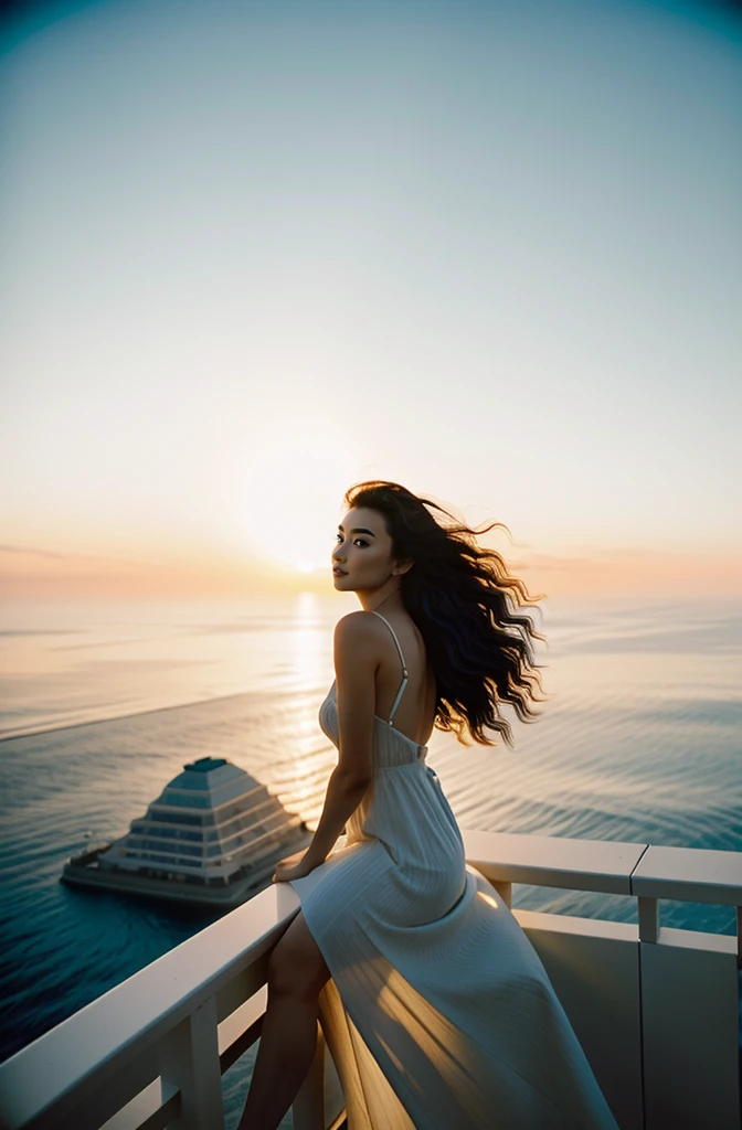 abstract colors, texture, film grain, skin pores, dusty atmospheric haze, vignetting, wrinkles:0.2 intricate hasselblad dslr RAW full-body dramatic portrait photo of a beautiful girl with long (windblown)1.2 hair wearing a sundress, sitting on a ledge overlooking a (scifi solarpunk)1.2 city skyline, dangling legs, foggy morning, (backlit)1.2, (film grain)1.2, coastal atolls