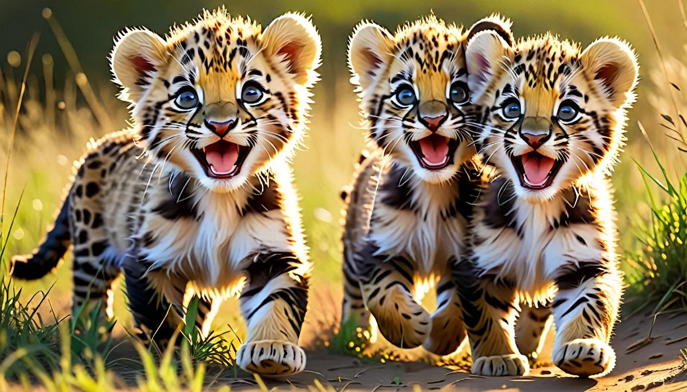 Three adorable cubs, each with their own unique markings and personalities, tumble and pounce in a sun-drenched savannah, their joyful antics bringing a smile to your face.