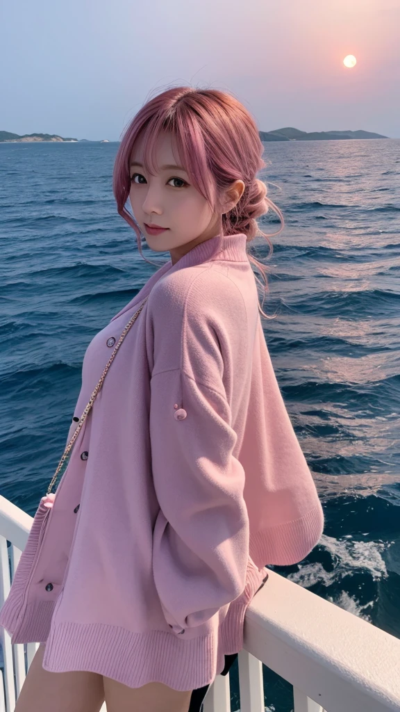 Pink Moon 丘の上から見る海上に浮かぶPink Moon