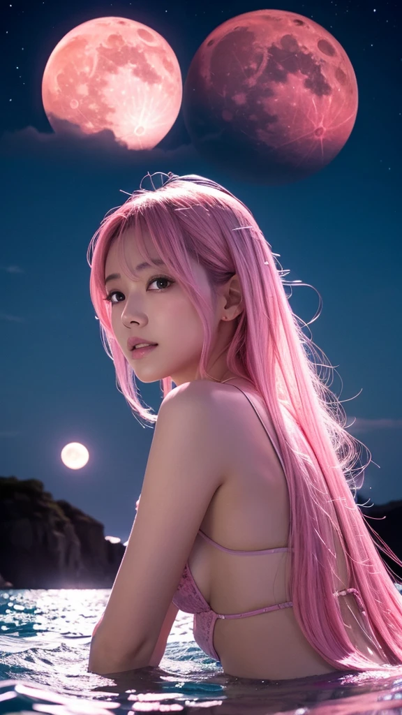 Pink Moon 丘の上から見る海上に浮かぶPink Moon