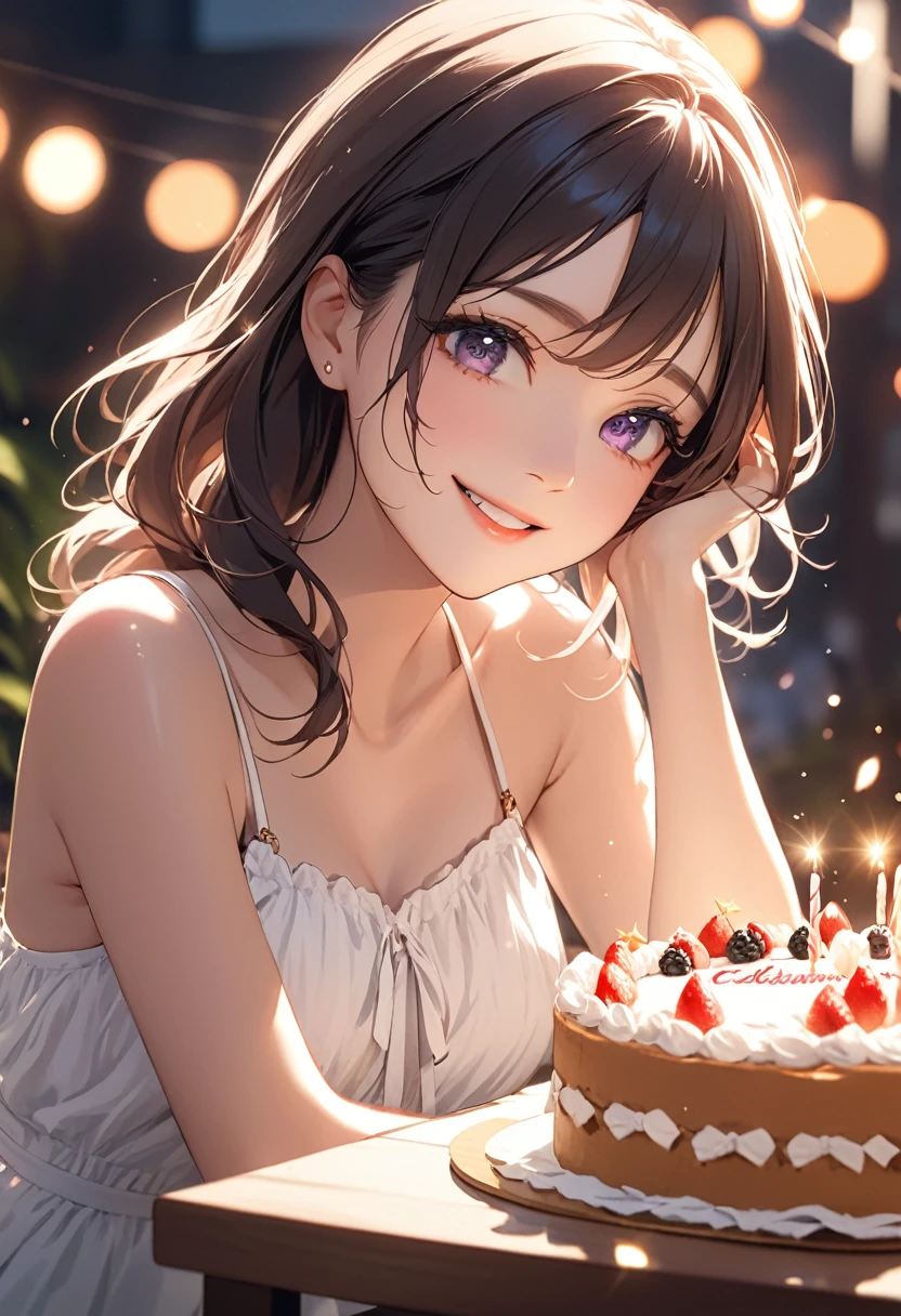(masterpiece:1.5),(Beat quality),(high res),1girl solo,beautiful face,smile(shining eyes),upper body,light effects,Woman in summer clothes,Celebration cake on the table