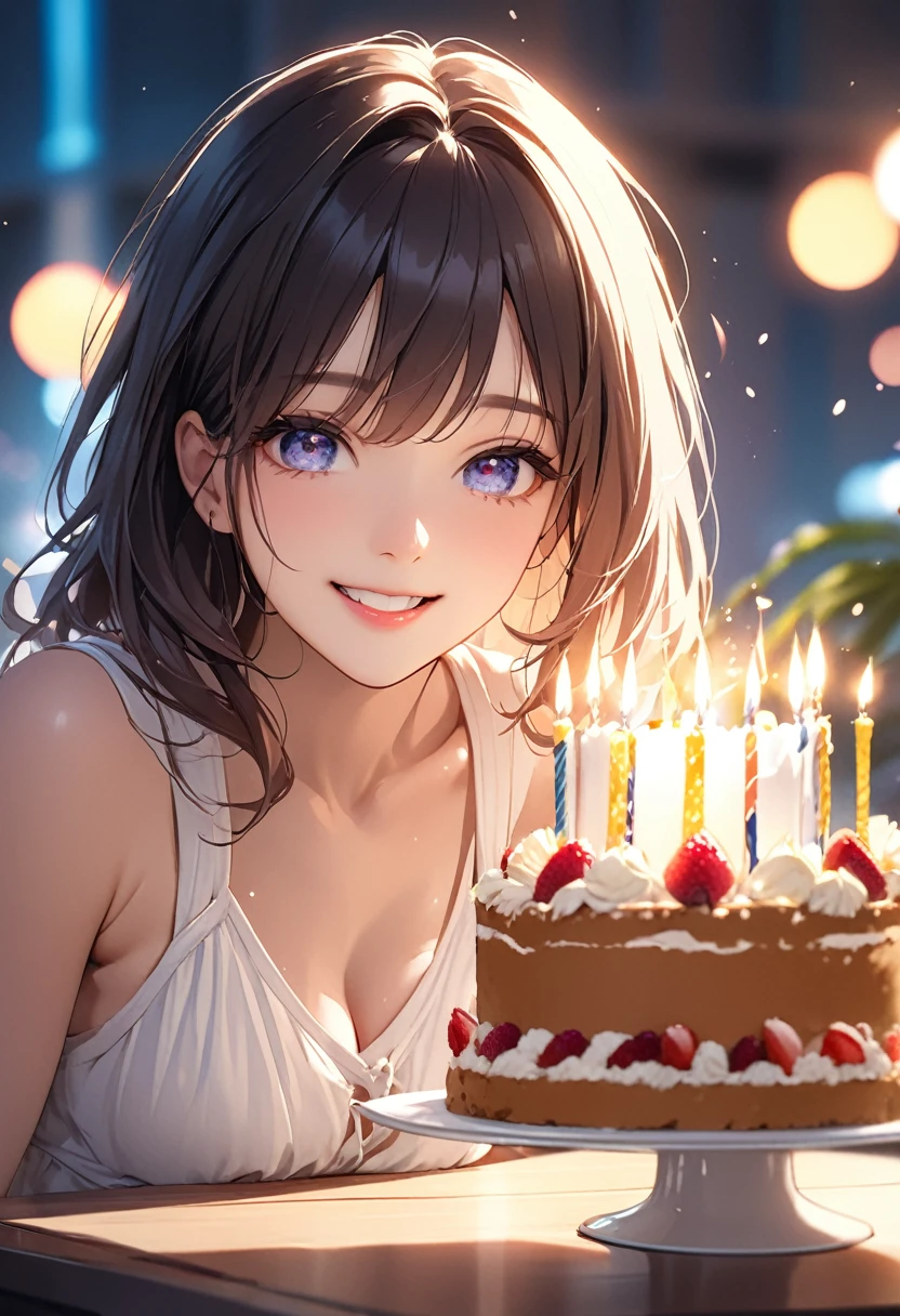 (masterpiece:1.5),(Beat quality),(high res),1girl solo,beautiful face,smile(shining eyes),upper body,light effects,Woman in summer clothes,Celebration cake on the table