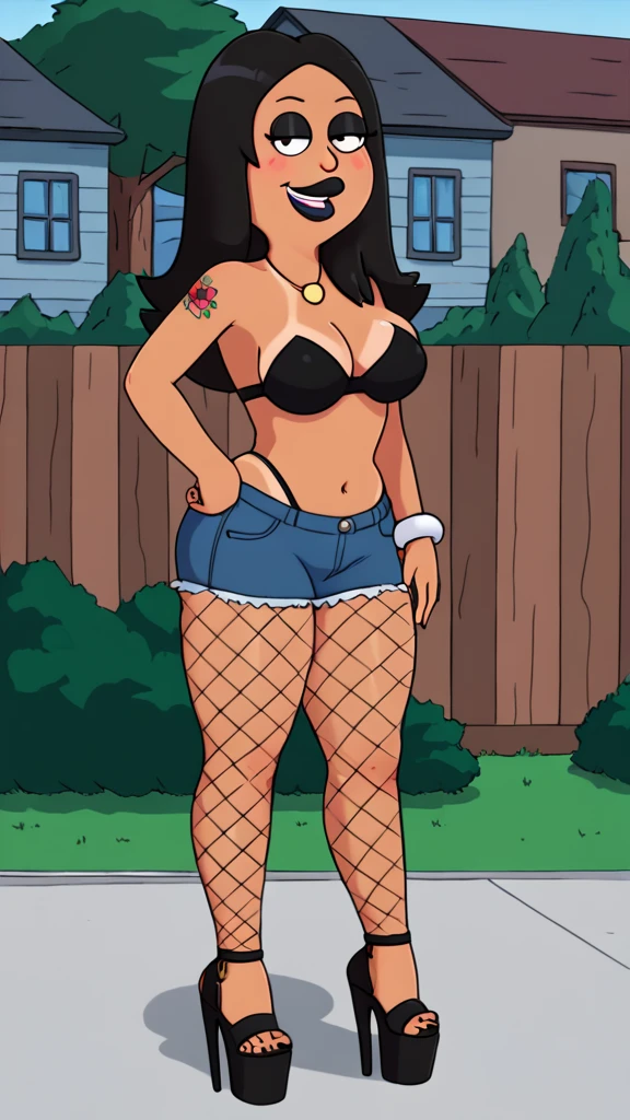 francine, flat color, black hair, 1girl, long hair, white braclet, medium breasts, tanned skin, solo, necklace, cleavage, tight strapless black bikini, black lips, nsfw, standing, looking at viewer, outdoors, full-body, smile, blushing, open-toe platform high heels, black eyeliner, multiple tattoos, plump mouth, fishnet leggings, thick thighs, bimbo