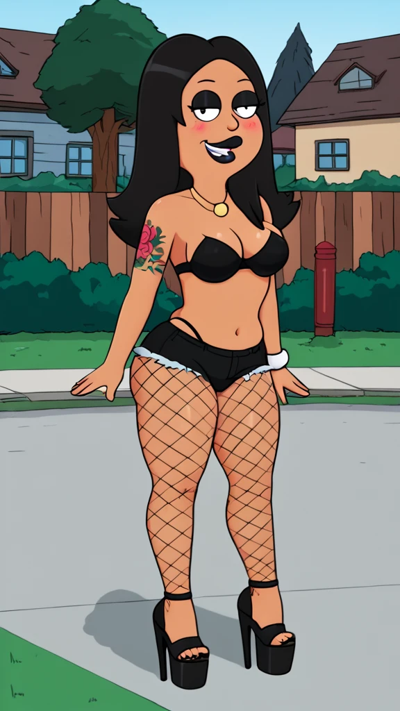 francine, flat color, black hair, 1girl, long hair, white braclet, medium breasts, tanned skin, solo, necklace, cleavage, tight strapless black bikini, black lips, nsfw, standing, looking at viewer, outdoors, full-body, smile, blushing, open-toe platform high heels, black eyeliner, multiple tattoos, plump mouth, fishnet leggings, thick thighs, bimbo